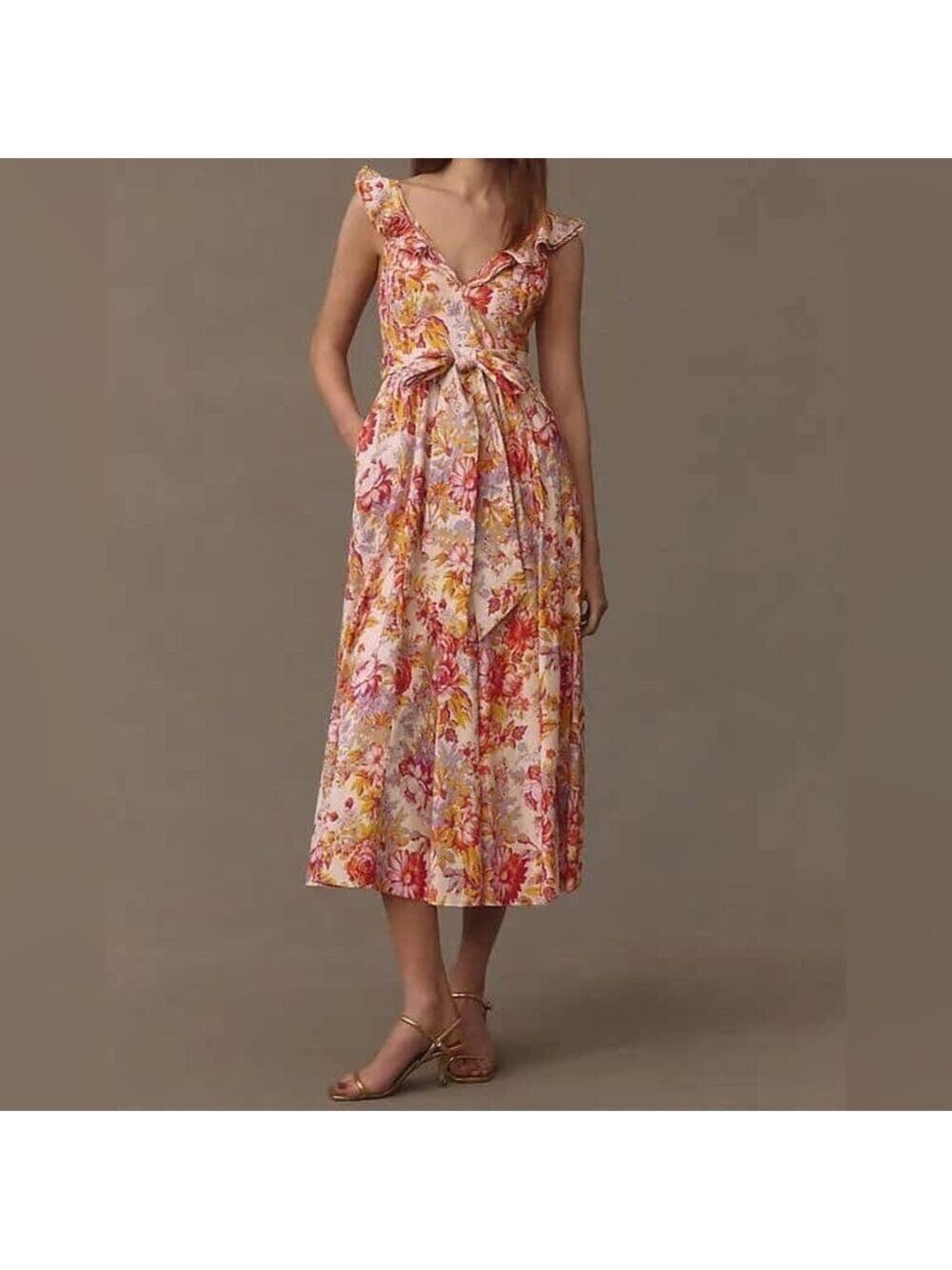 BHLDN Women’s Sadie Anthropologie V-Neck Fit & Flare Linen Floral Midi Dress S